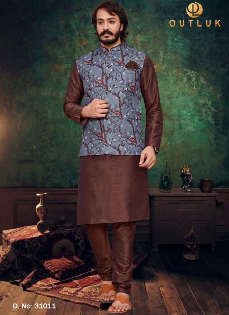 Brown Colour Exclusive Festive Wear Digital Art Silk Printed Kurta Pajama With Jacket Mens Collection 31011